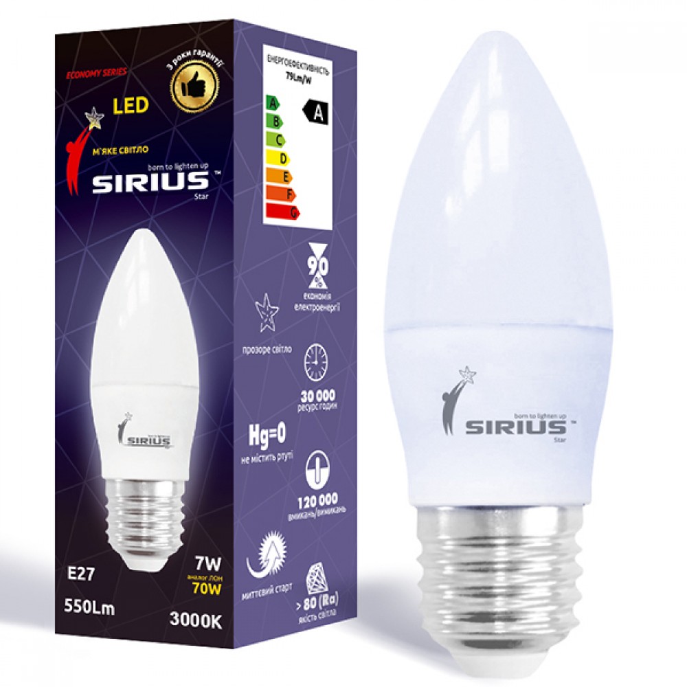 Світлодіодна лампа SIRIUS 1-LS-2205 C37 7W E27 3000K (Свічка)